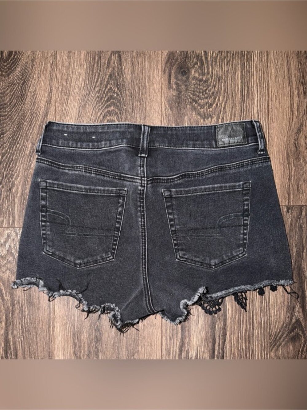 American Eagle Size 10 Black Lace Crochet High Rise Denim Shorts